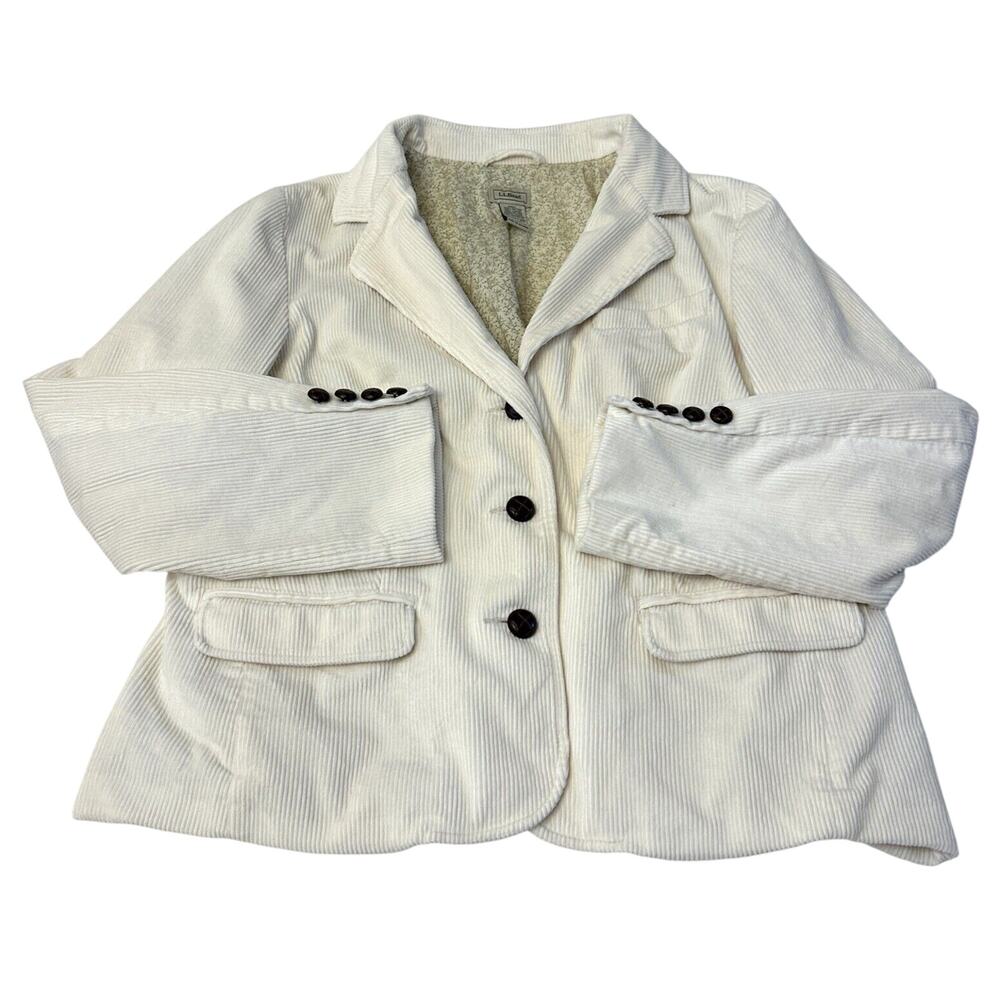 L.L. Bean Corduroy Blazer Women Sz 18 Cream Lined Jacket 3 Button Preppy Casual